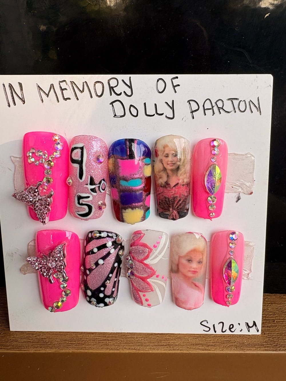 Adult custom made Dolly Parton Pink Press-On Nail Set with Rhinestone